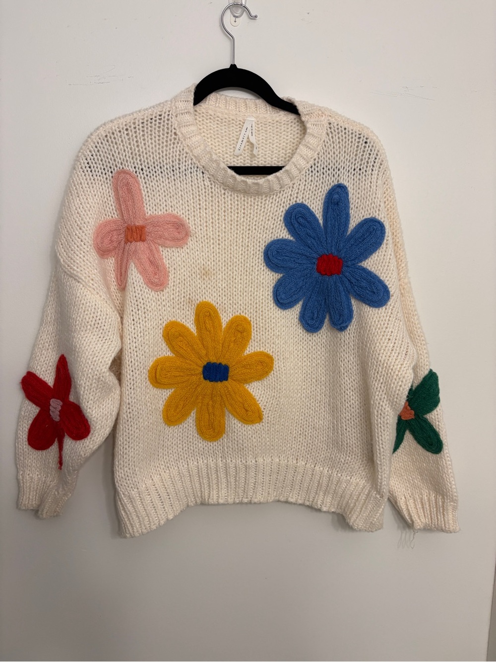 Dreamers Cream Sweater with Multicolor Floral Appliqués